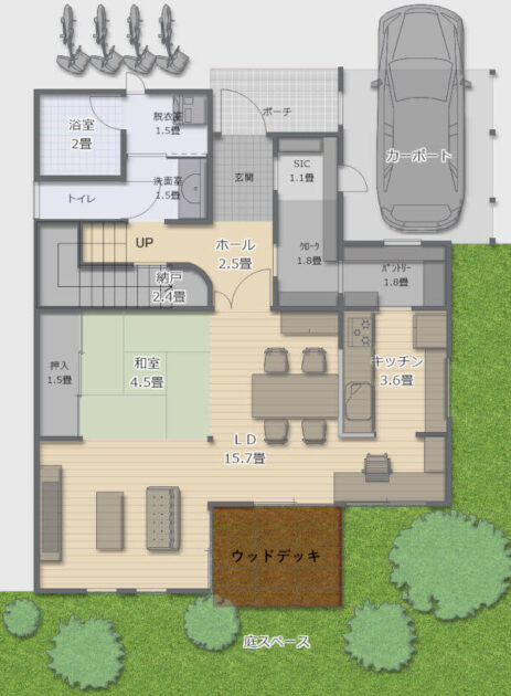 タウンズホームの1stプラン：1階の間取り＋駐車場・外構計画