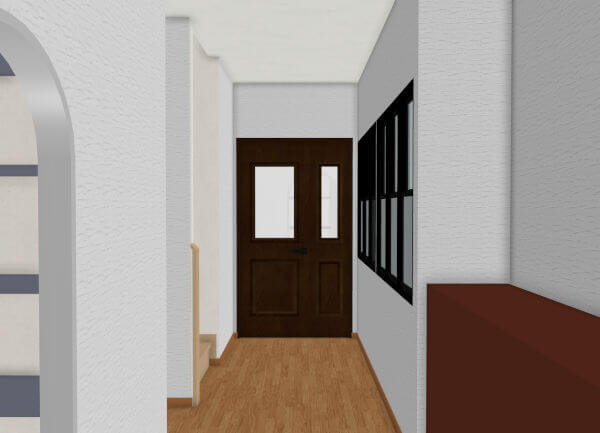 玄関を開けてすぐの視野イメージ。奥にLDKにつながる親子扉、右手に和室に付けた室内窓が見える。